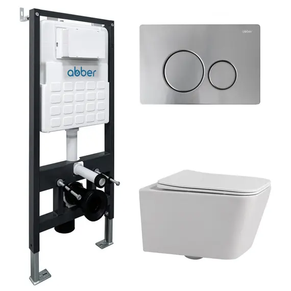 Комплект подвесной унитаз ABBER Rechteck AC1201 белый с инсталляцией AC0105 и кнопкой матовый хром