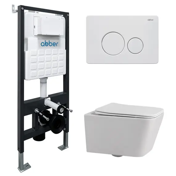 Комплект подвесной унитаз ABBER Rechteck AC1201 белый с инсталляцией AC0105 и кнопкой белая матовая