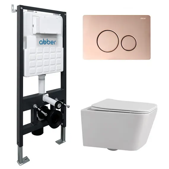 Комплект подвесной унитаз ABBER Rechteck AC1201 белый с инсталляцией AC0105 и кнопкой золото розовое