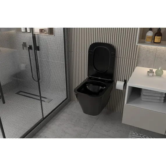 Комплект подвесной унитаз ABBER Rechteck AC1201MB черный матовый с инсталляцией AC0105 и кнопкой хром