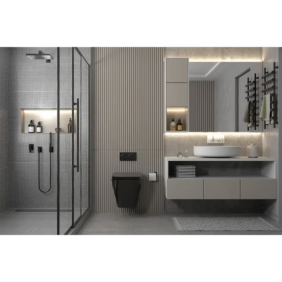 Комплект подвесной унитаз ABBER Rechteck AC1201MB черный матовый с инсталляцией AC0105 и кнопкой  золото матовое