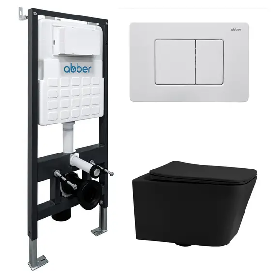 Комплект подвесной унитаз ABBER Rechteck AC1201MB черный матовый с инсталляцией AC0105 и кнопкой белая матовая