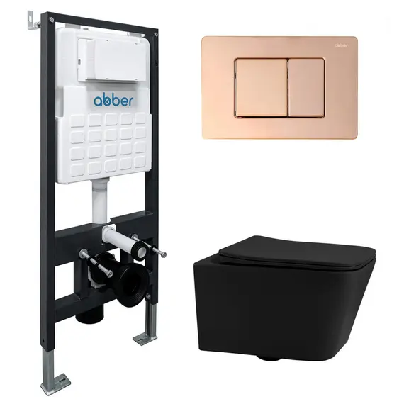 Комплект подвесной унитаз ABBER Rechteck AC1201MB черный матовый с инсталляцией AC0105 и кнопкой  золото розовое