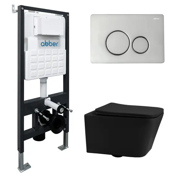 Комплект подвесной унитаз ABBER Rechteck AC1201MB черный матовый с инсталляцией AC0105 и кнопкой хром
