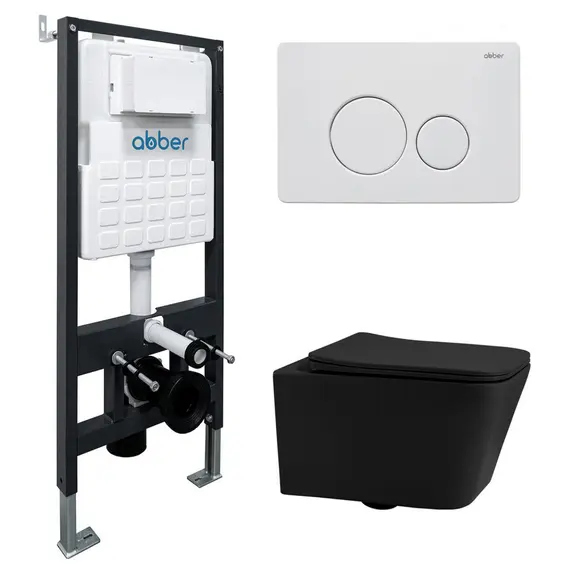 Комплект подвесной унитаз ABBER Rechteck AC1201MB черный матовый с инсталляцией AC0105 и кнопкой белая матовая