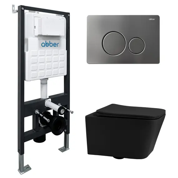 Комплект подвесной унитаз ABBER Rechteck AC1201MB черный матовый с инсталляцией AC0105 и кнопкой матовый хром