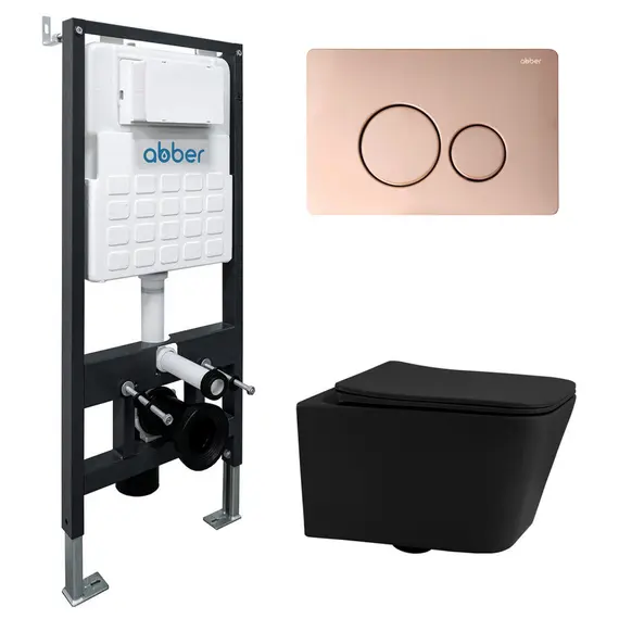 Комплект подвесной унитаз ABBER Rechteck AC1201MB черный матовый с инсталляцией AC0105 и кнопкой  золото розовое