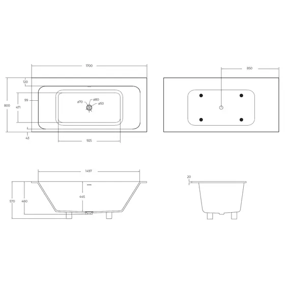Ванна из искусственного камня Solid Surface CEZARES CZR-SLIDER-170-80-57-SSB