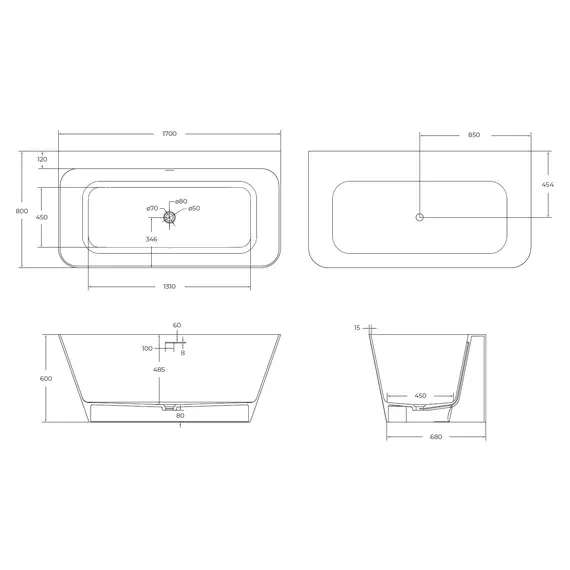 Ванна из искусственного камня Solid Surface CEZARES CZR-LINER-170-80-60-SSB