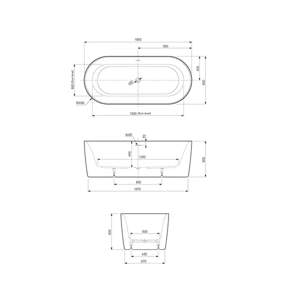 Акриловая ванна CEZARES METAURO-INT-Central-180-80-60-G-W-MATT