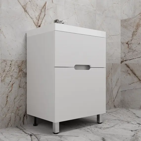 Тумба напольная "Матис " с раковиной ASTI (2 ящика), Белый матовый, ЭМАЛЬ