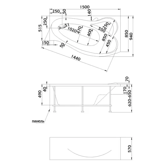 Ванна 1Marka GRACIA (комплект) 170х100 R со встр. смесителем на борт ванны