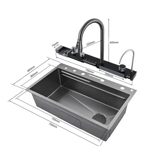 Многофункциональная мойка Ceruttispa GLORIA II nano black (серая) из нержавеющей стали, кухонная