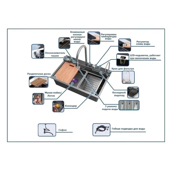 Многофункциональная мойка Ceruttispa GLORIA II nano black (серая) из нержавеющей стали, кухонная