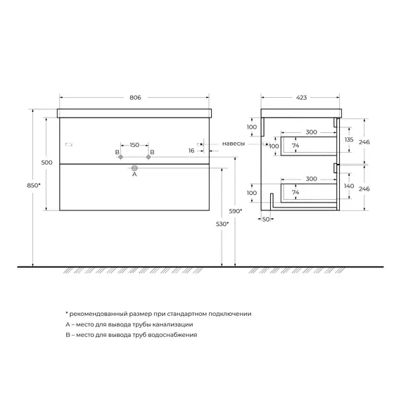 Тумба с раковиной подвесная BelBagno DUE Белый металлик