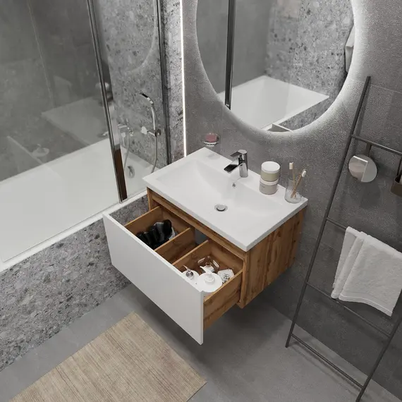 Тумба подвесная 1Marka Aris mini  1ящик, дуб вотан/белый глянец