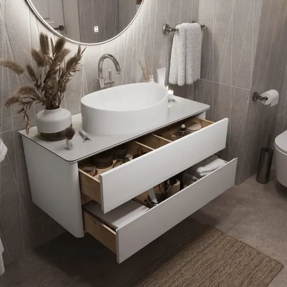 Тумба подвесная 1Marka Monro  2ящика, белый столешница/стекло