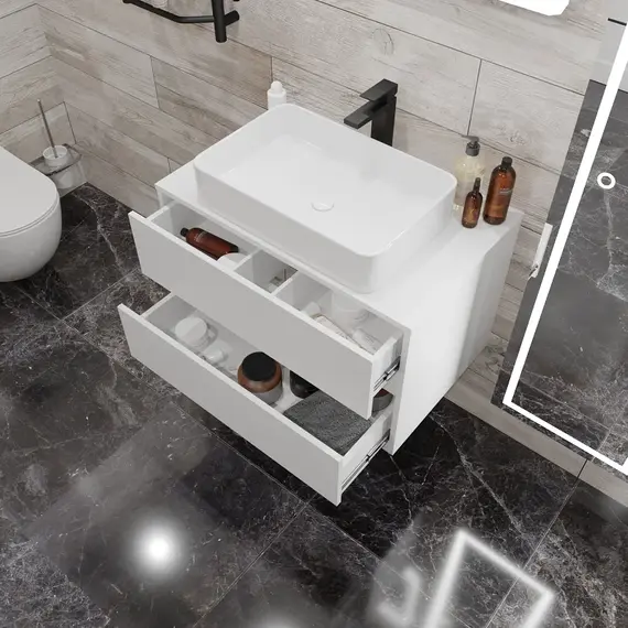 Тумба подвесная 1Marka Veil  2ящика, белая аляска/ столешница белая