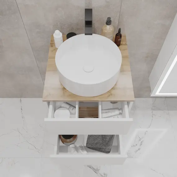 Тумба подвесная 1Marka Veil 2ящика, белая аляска/столешница дуб вотан