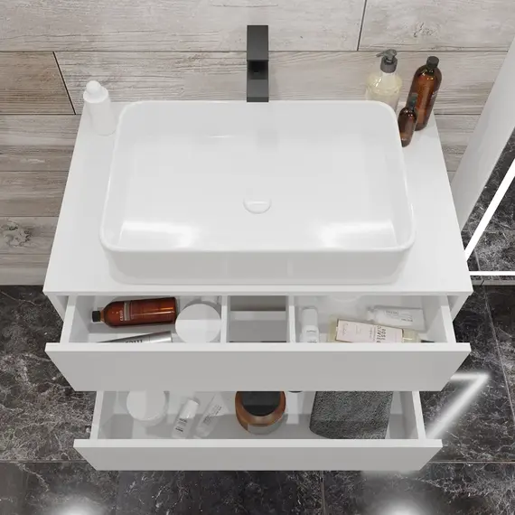 Тумба подвесная 1Marka Veil  2ящика, белая аляска/ столешница белая