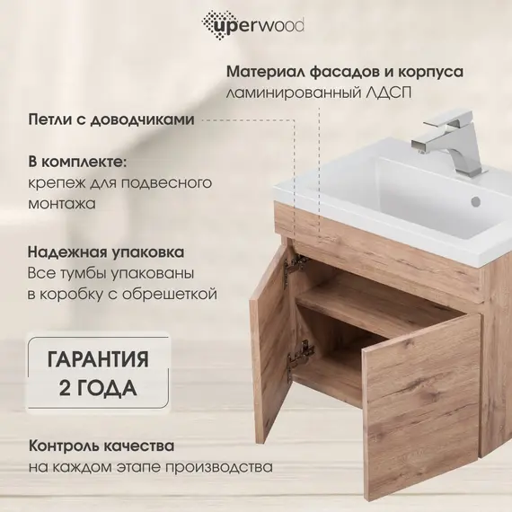 Тумба подвесная Uperwood Eva, 50 см,  Крафт Табачный, с дверцами