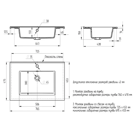 Раковина для ванной Uperwood Parma Quartz, черная матовая, уголь