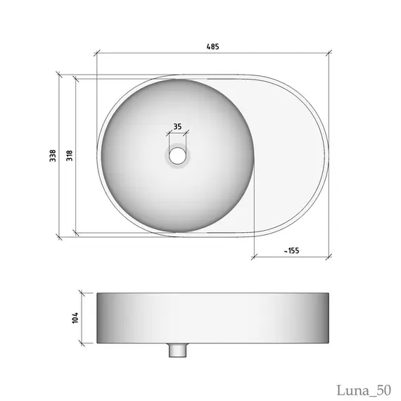 Раковина накладная для ванной Uperwood Luna 50х35х10 см, овальная, белая глянцевая