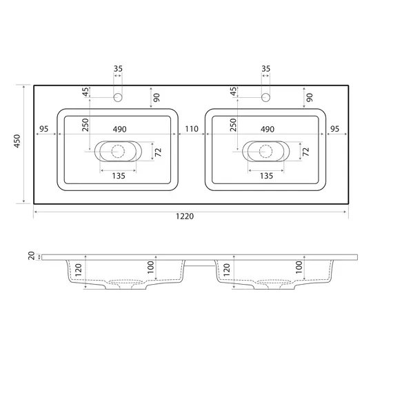 Раковина для ванной Uperwood Modul 122х45х12 см, белая глянцевая