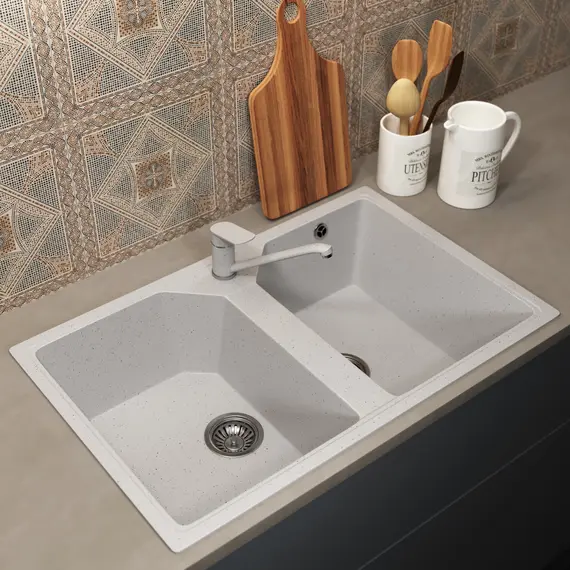 Кухонная мойка из искусственного камня Uperwood ECON UPD-402-001, прямоугольная, 2 чаши, белая матовая