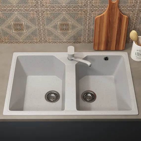 Кухонная мойка из искусственного камня Uperwood ECON UPD-402-001, прямоугольная, 2 чаши, белая матовая