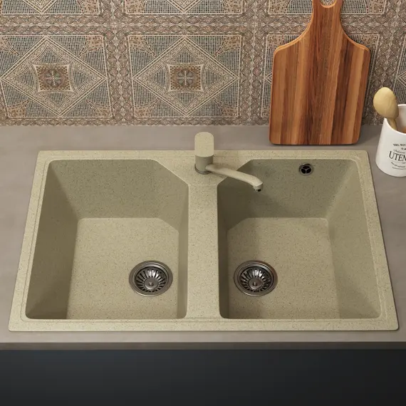 Кухонная мойка из искусственного камня Uperwood ECON UPD-402-002, прямоугольная, 2 чаши, бежевая матовая