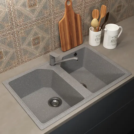 Кухонная мойка из искусственного камня Uperwood ECON UPD-402-003, прямоугольная, 2 чаши, серая матовая