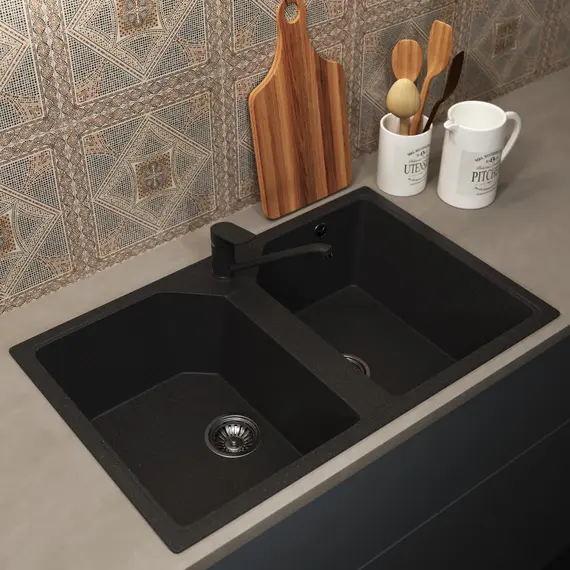 Кухонная мойка из искусственного камня Uperwood ECON UPD-402-004, прямоугольная, 2 чаши, черная матовая