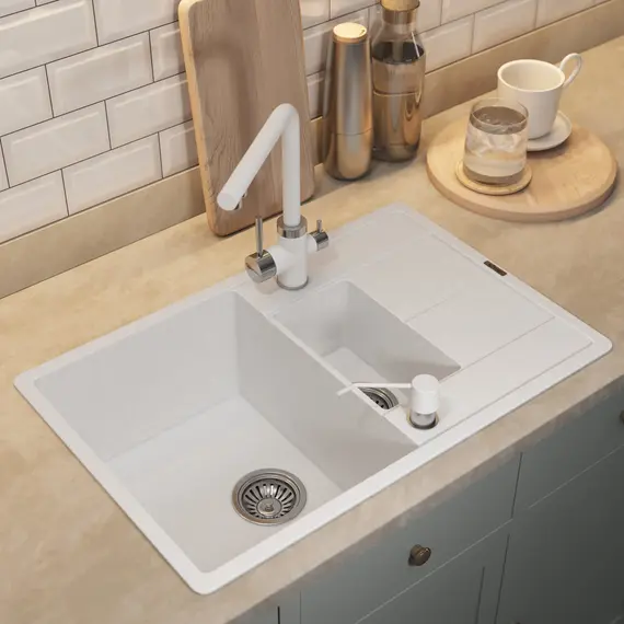 Кухонная мойка кварцевая Uperwood Quartz Premium UPD-05-01, прямоугольная двухсекционная, белая