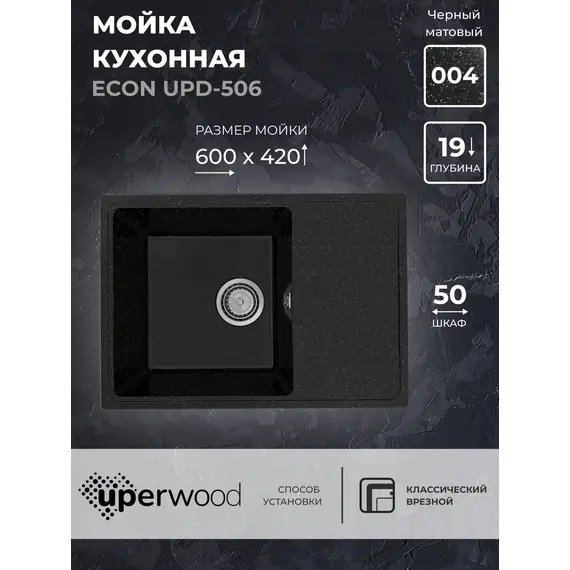 Кухонная мойка из искусственного камня Uperwood ECON UPD-506-004, прямоугольная, черная матовая