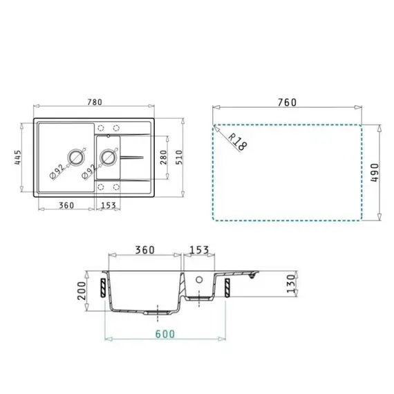 Кухонная мойка кварцевая Uperwood Quartz Premium UPD-05-04, прямоугольная двухсекционная, черная
