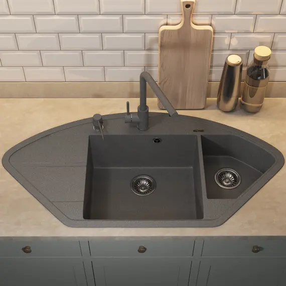 Кухонная мойка кварцевая Uperwood Quartz Premium UPD-06-03, угловая двухсекционная, серая