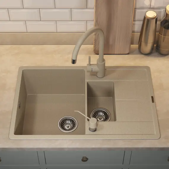 Кухонная мойка кварцевая Uperwood Quartz PremiumUPD-05-02, прямоугольная двухсекционная, бежевая