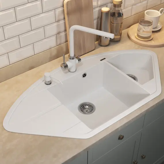 Кухонная мойка кварцевая Uperwood Quartz Premium UPD-06-01, угловая двухсекционная, белая