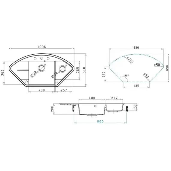 Кухонная мойка кварцевая Uperwood Quartz Premium UPD-06-03, угловая двухсекционная, серая