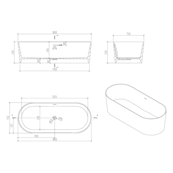 Ванна из искусственного камня ABBER Stein AS9614 белая матовая 180*75