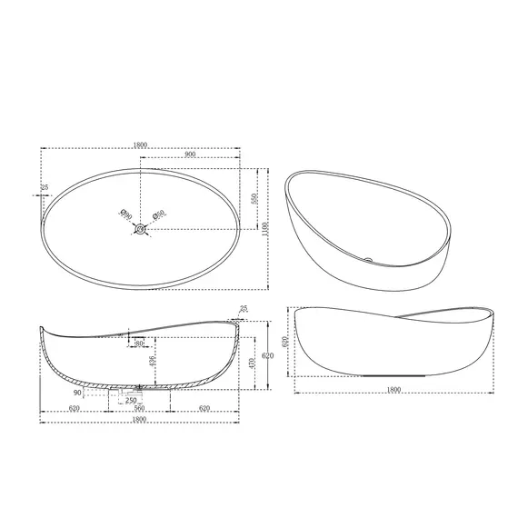 Ванна из искусственного камня ABBER Stein AS9639 белая матовая 180*110