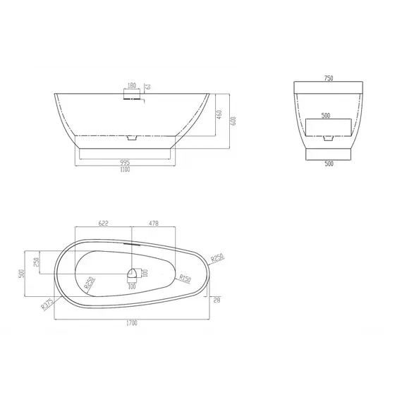 Ванна из искусственного камня ABBER Dortmund 170х75 черно-белая матовая