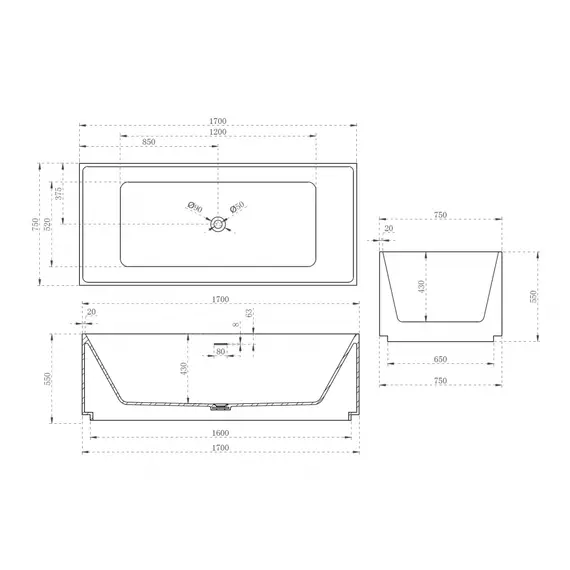 Ванна из искусственного камня ABBER Stein AS9602 белая матовая 170*75