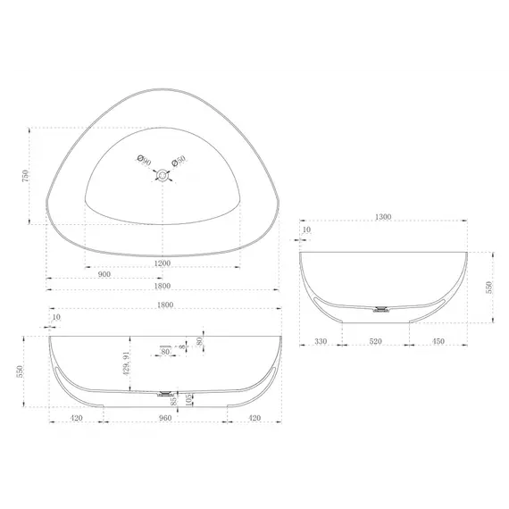 Ванна из искусственного камня ABBER Stein AS9608 белая матовая 180*130