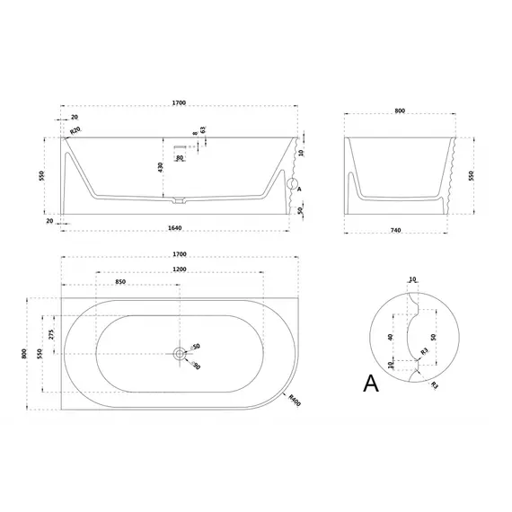 Ванна из искусственного камня ABBER Stein 170х80 L белая матовая