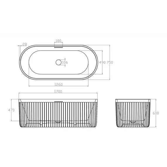 Ванна из искусственного камня ABBER Stuttgart 170х75 черная матовая