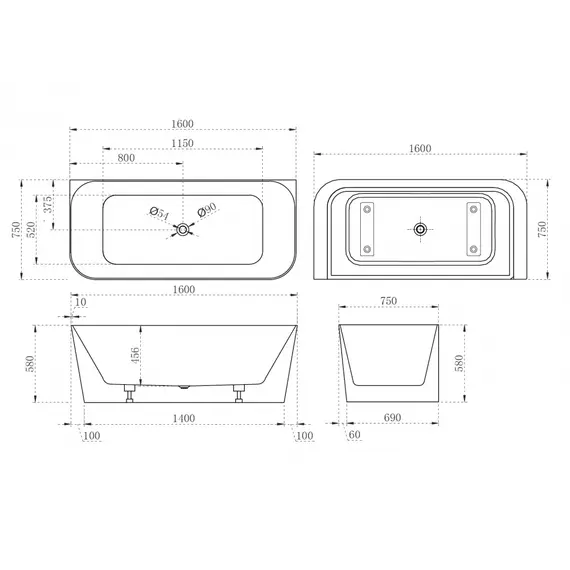 Акриловая ванна ABBER AB9223-1.6 160х75