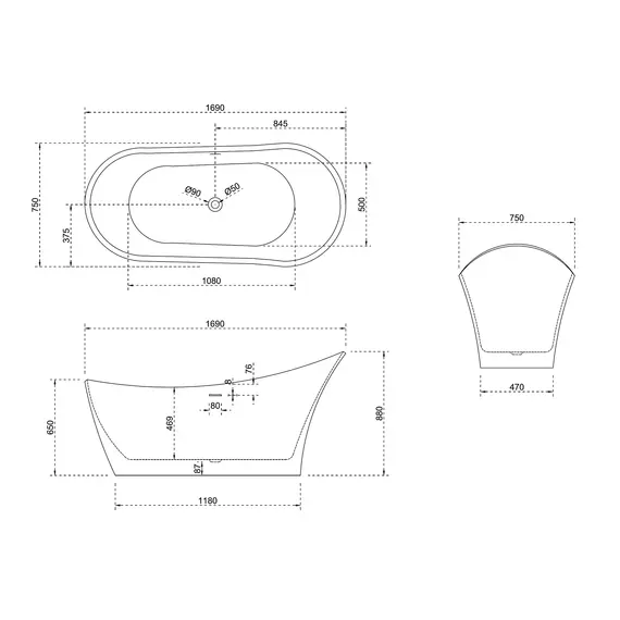Ванна из искусственного камня ABBER Stein AS9618 белая матовая 170*75
