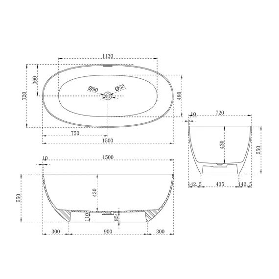 Ванна из искусственного камня ABBER Stein AS9624 белая матовая